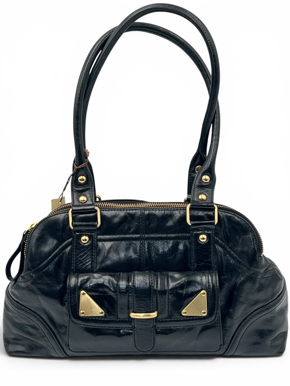 Vintage Kate Landry Black Glossy Leather Satchel Y2K Zebra Lined Shoulder Bag